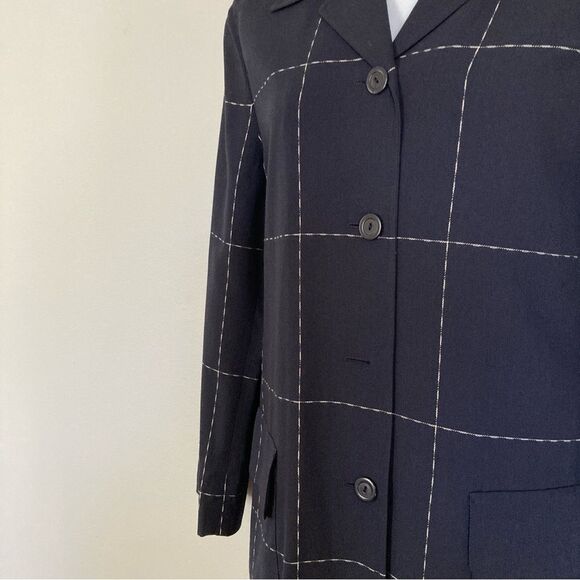 Laurel by Escada Blazer Women 42 Wool Blend Navy‎ Blue Windowpane Plaid Jacket - Picture 3 of 10